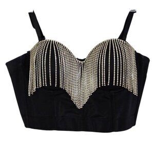 Women's Black Bustier Style Cropped Top Rhinestone Fringe Sleeveless Size M